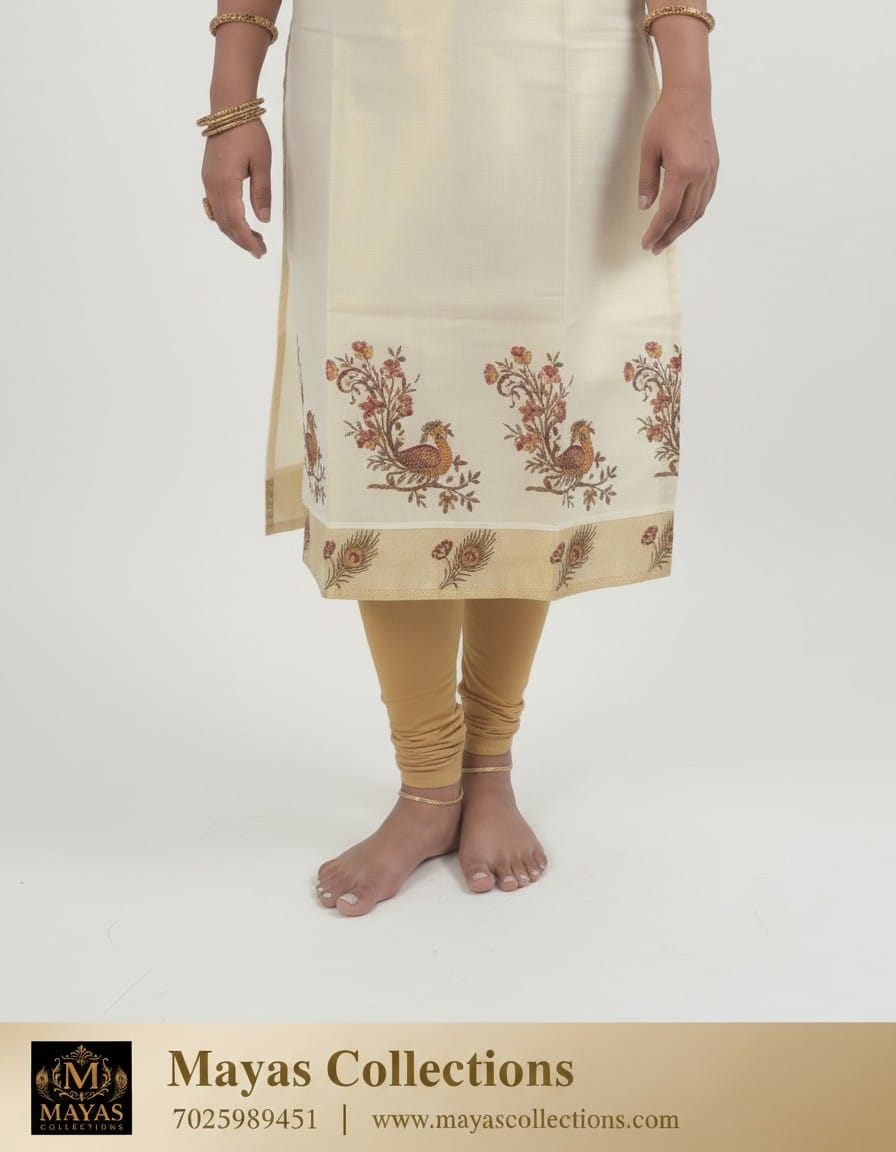 Kerala Traditional Golden Mayil Print Kurthi Vishu Special